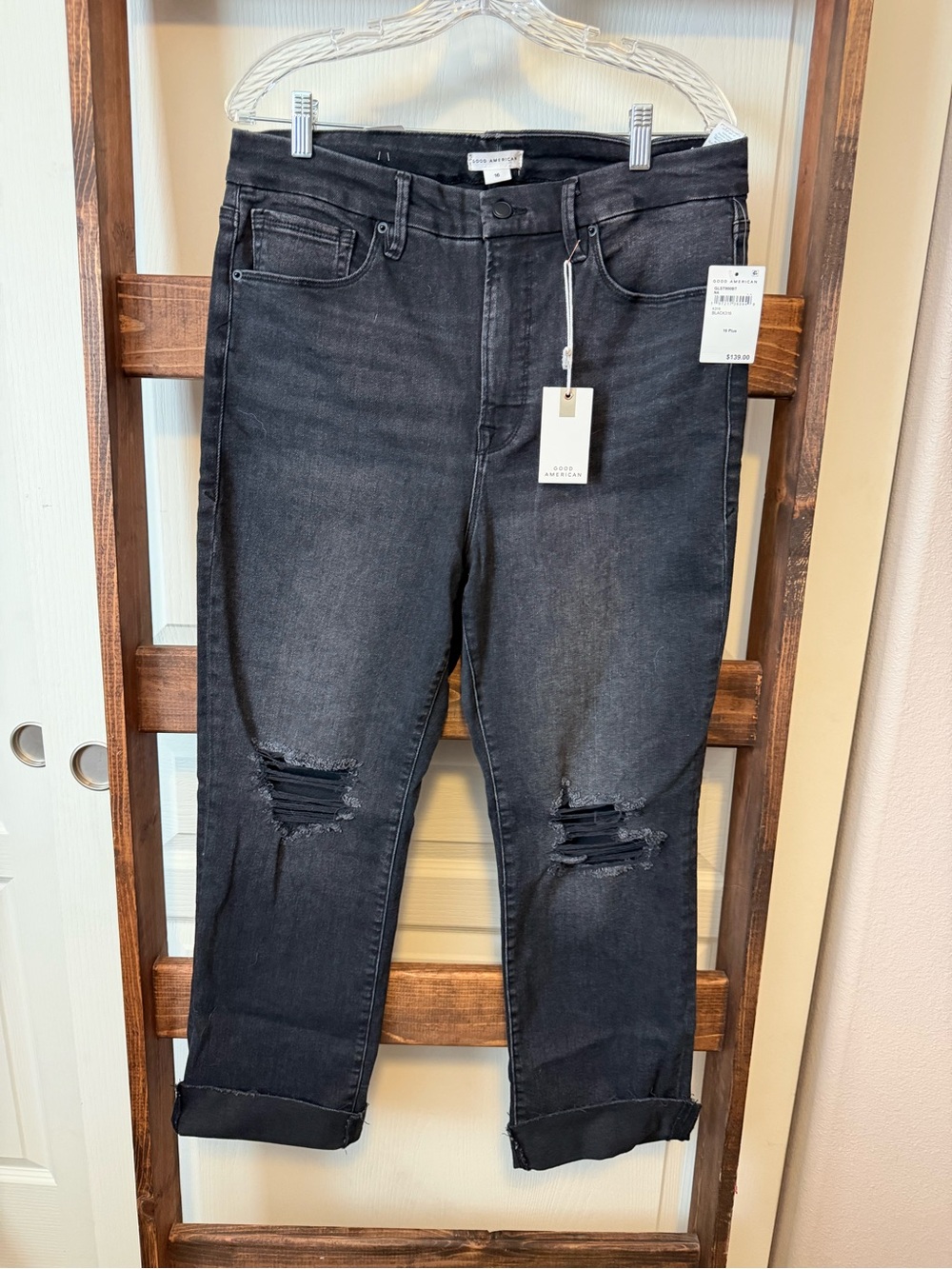 Good American Good Legs Black Washed Distressed Ankle Jeans